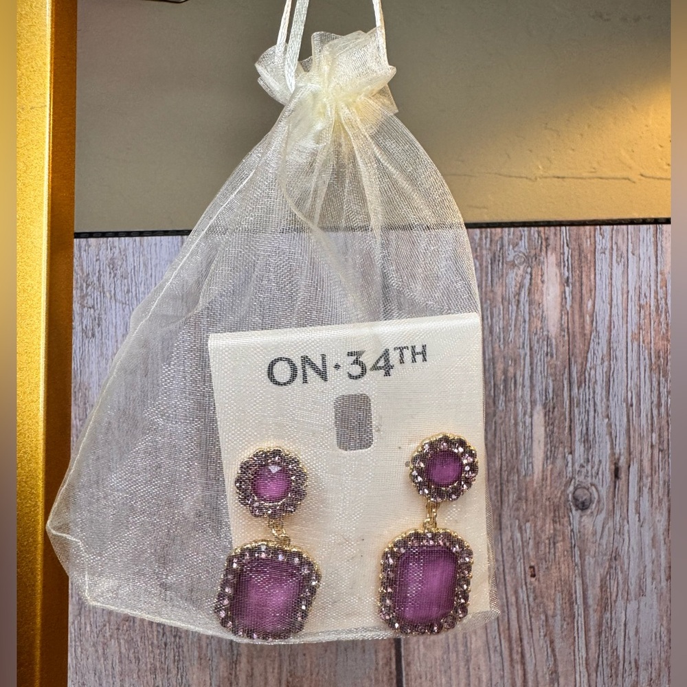 On 34th Statement Purple Double drop Gold Earrings pierced NWT